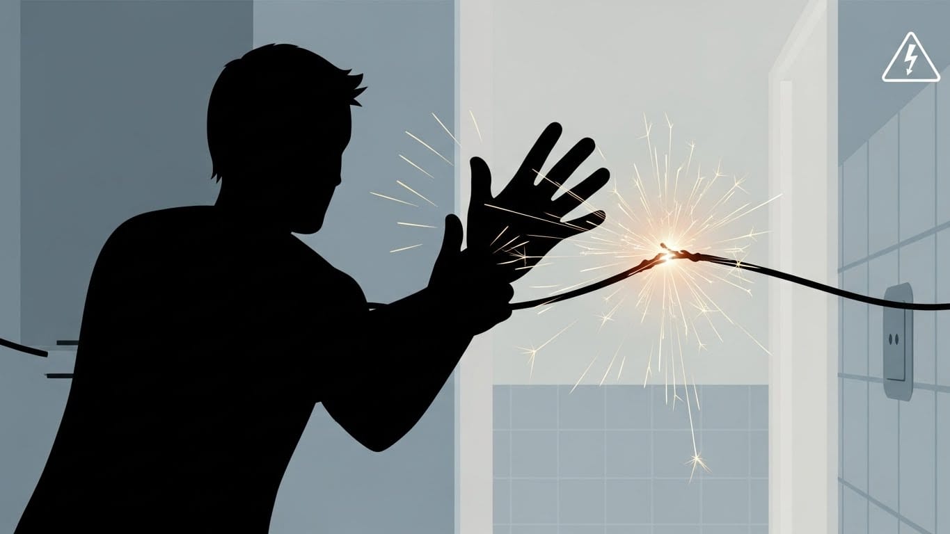 Imagem de um fio desencapado com faísca e gerando um choque elétrico