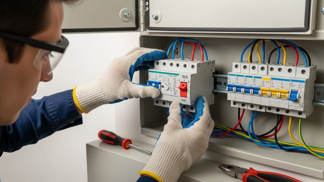 Eletricista instalando dispositivo DR em quadro elétrico