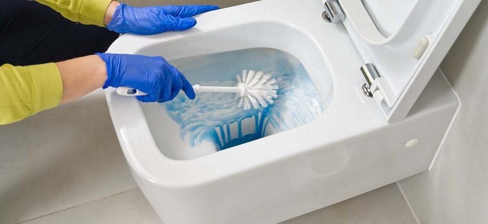 Pessoa com luvas azuis limpando dentro do vaso sanitário com escova e produtos próprios para esse tipo de limpeza.