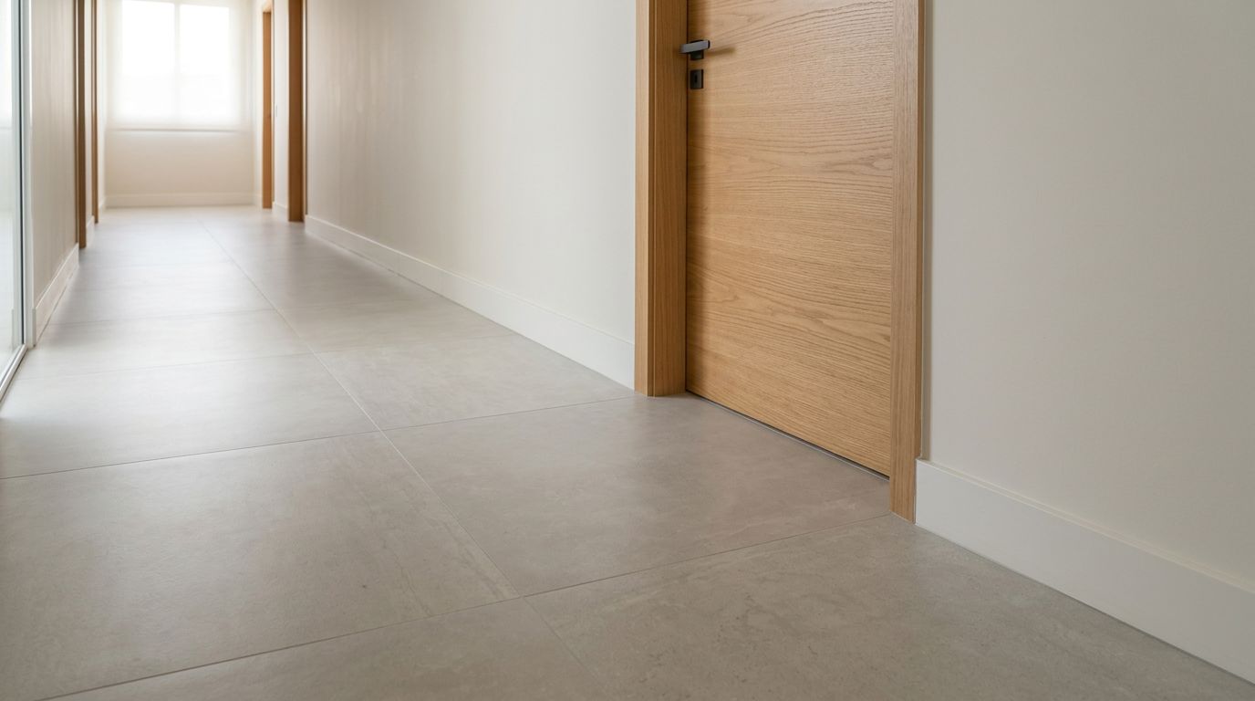Porcelanato bege instalado em corredor residencial