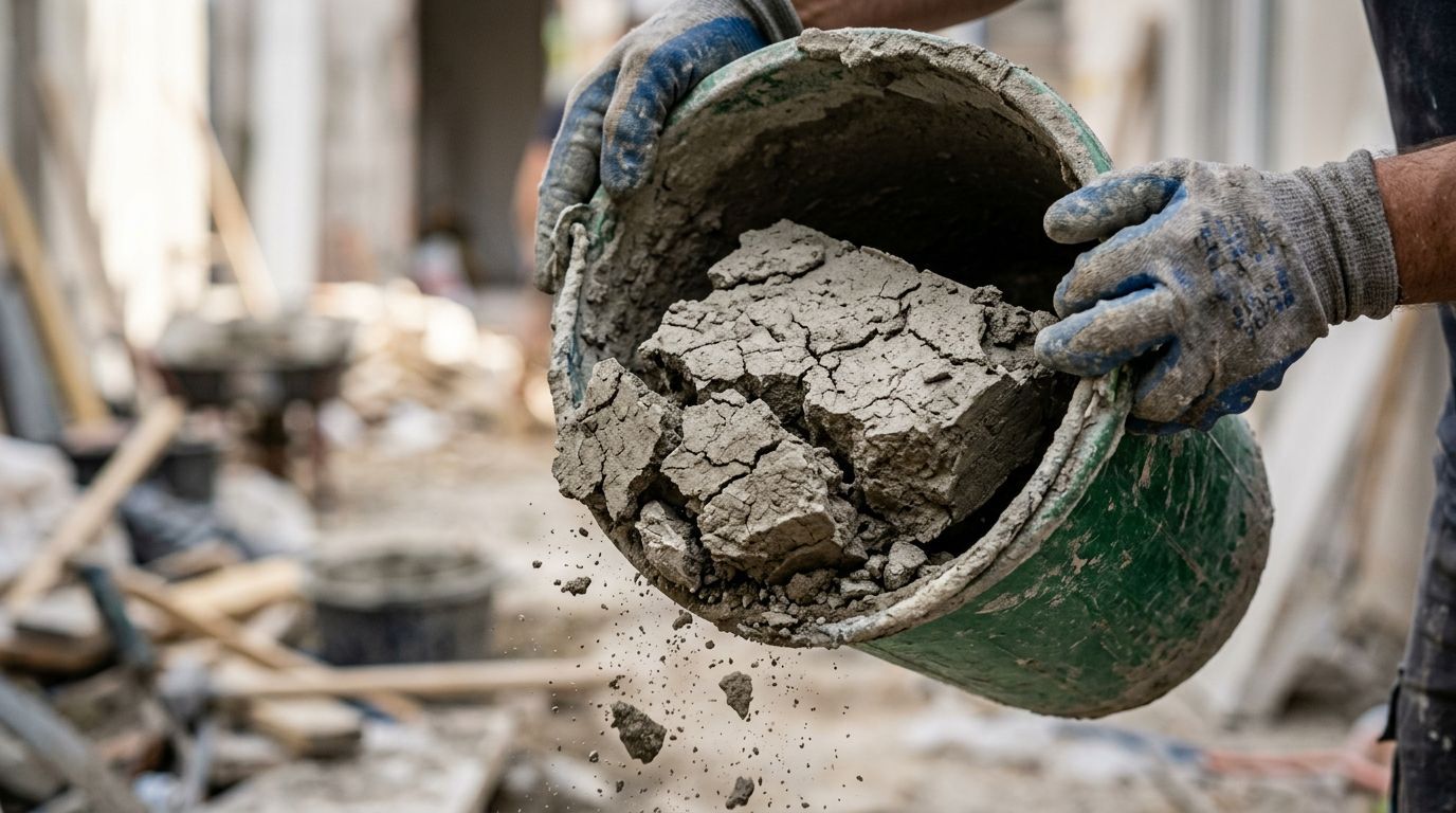 Profissional da construção despejando argamassa em obra