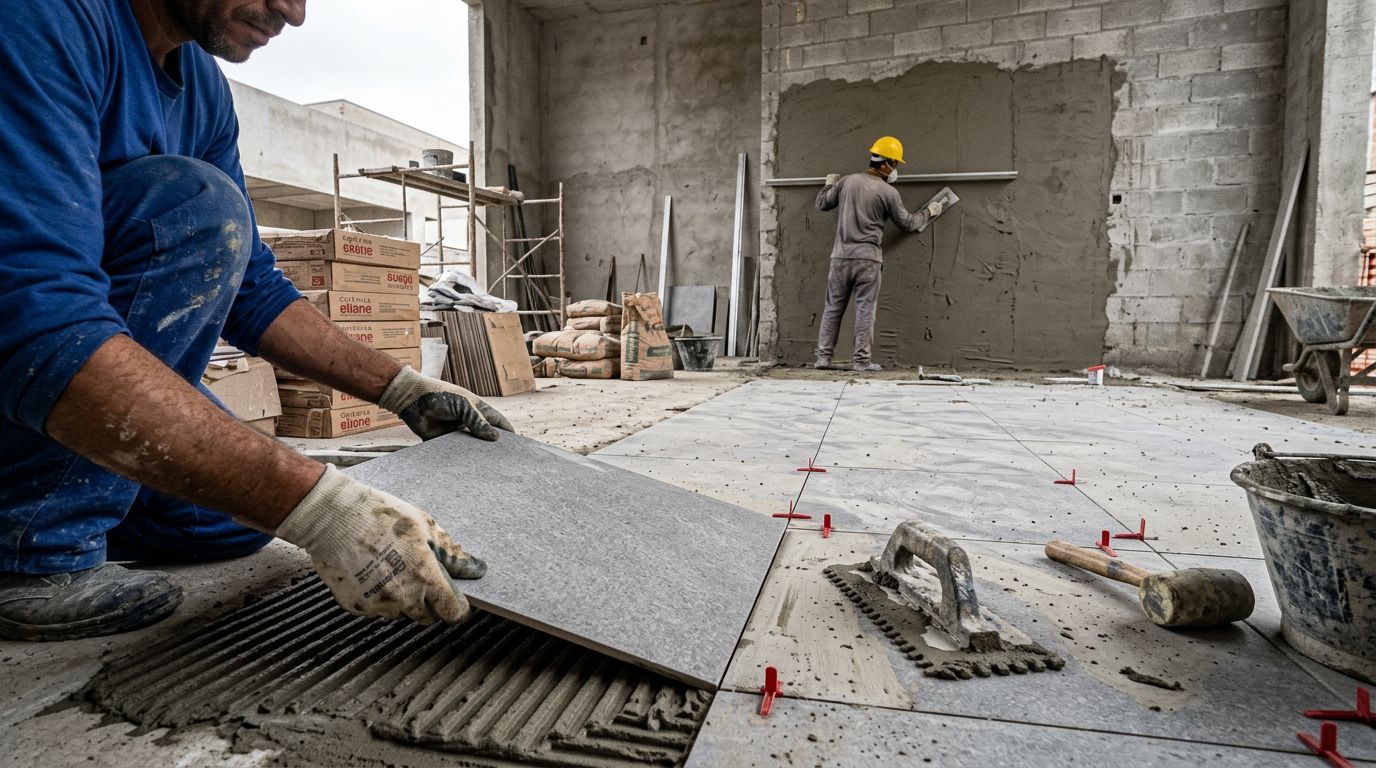 Profissional da construção instalando piso com argamassa