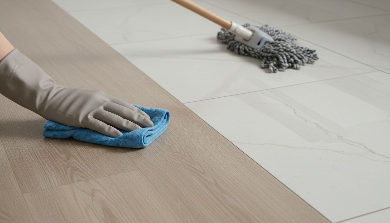 Limpeza de pisco vinílico e porcelanato com pano e mop