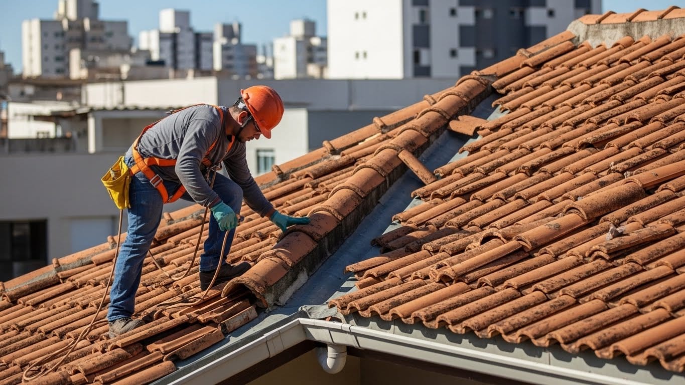 Profissional fazendo manutenção de telhado aparente
