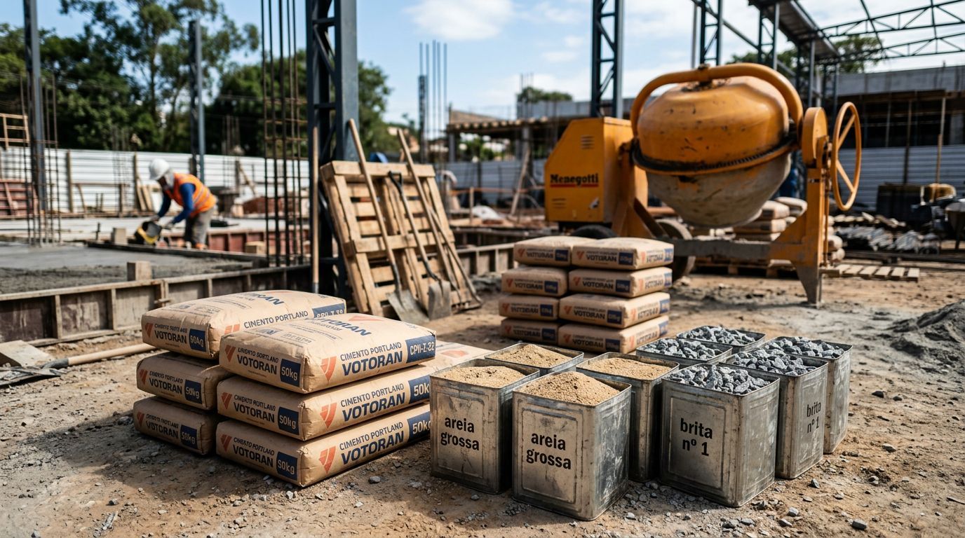 Materiais de construção dispostos em canteiro de obras