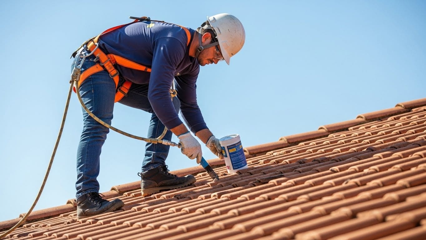 Profissional reparando infiltração no telhado