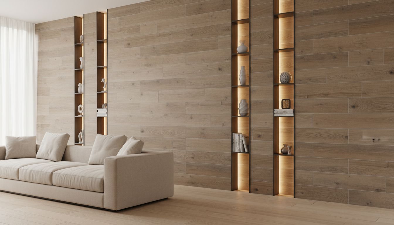 Parede de porcelanato em sala residencial elegante em tom terroso