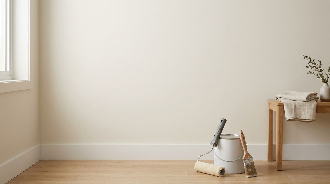 Parede de sala em cor clara com balde e ferramentas de pintura à frente