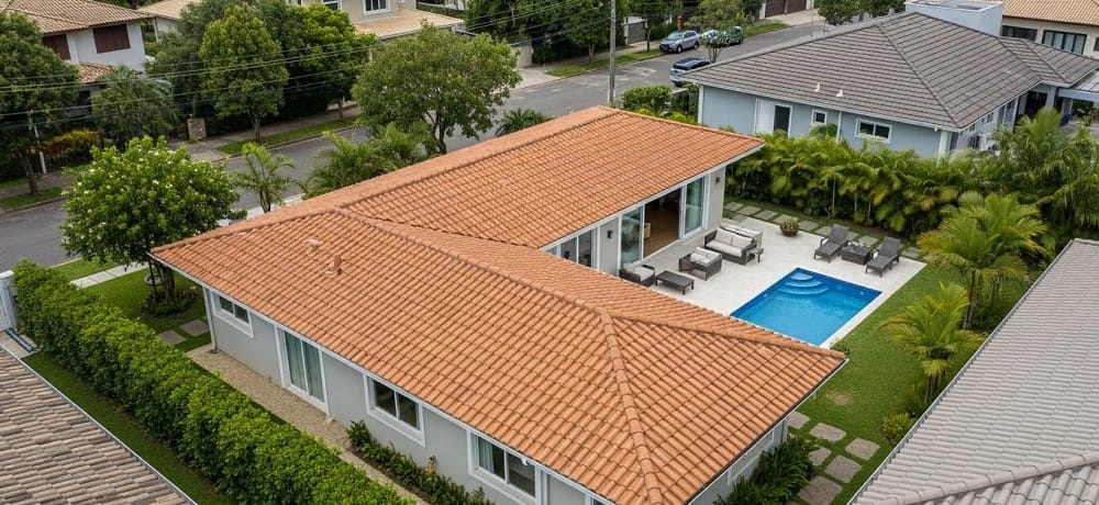 Imagem de uma casa com telhado em L com quinta e piscina