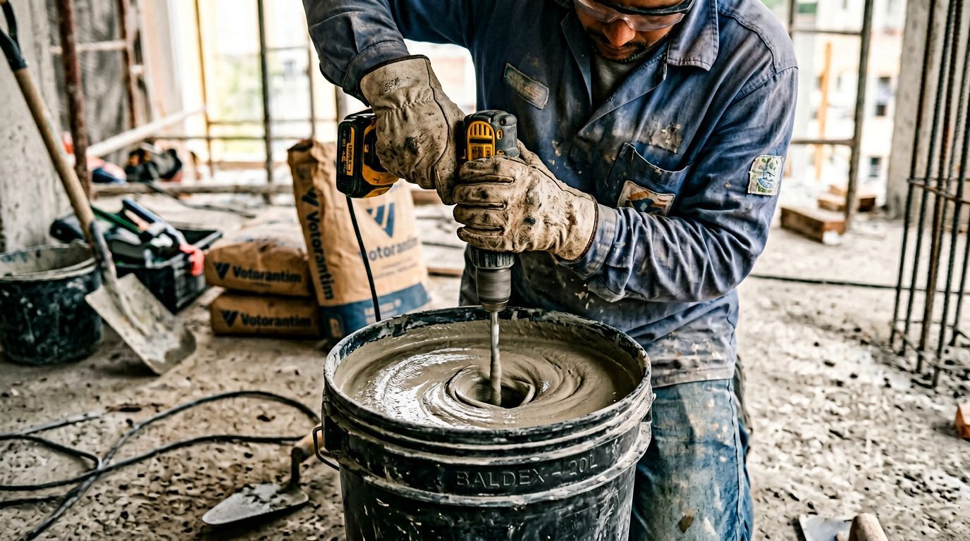 Profissional da construção misturando os diferentes tipos de argamassa
